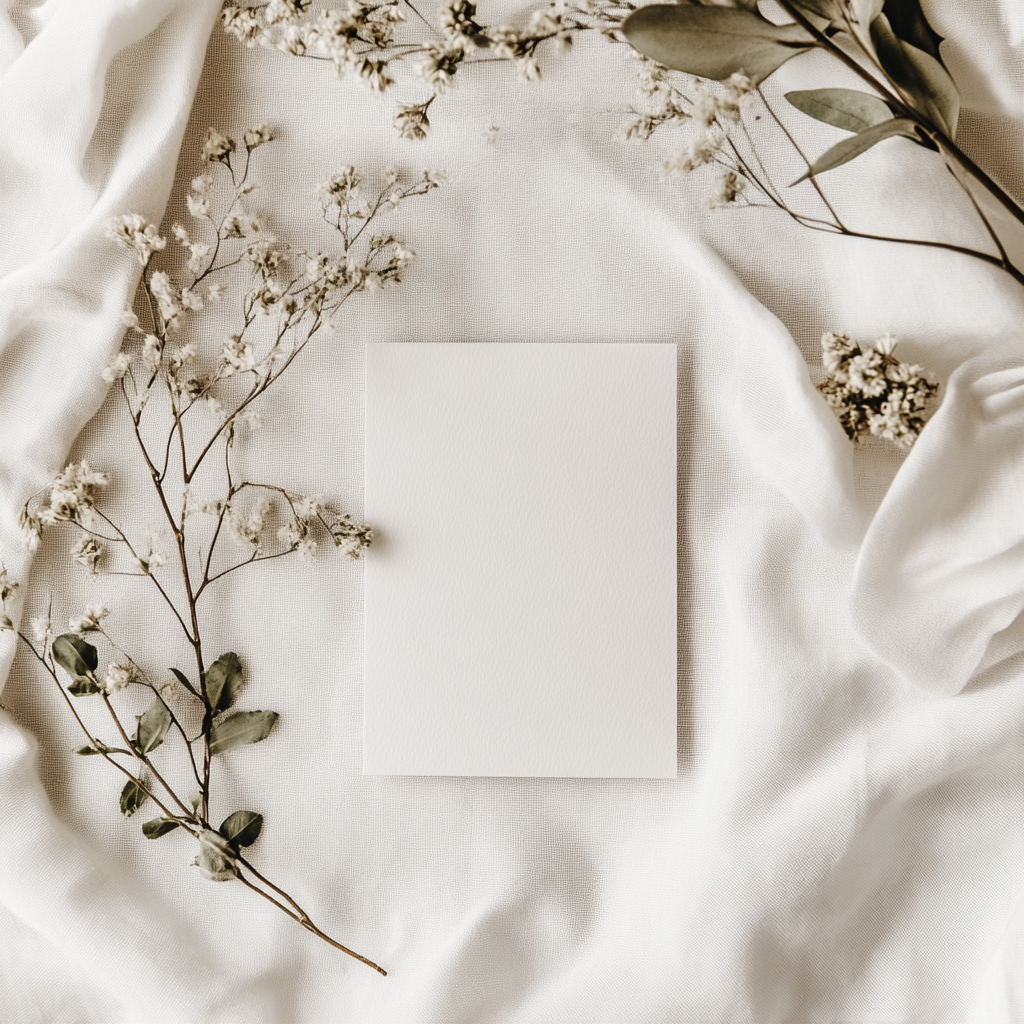 Greeting card surrounded by flowers and greenery.