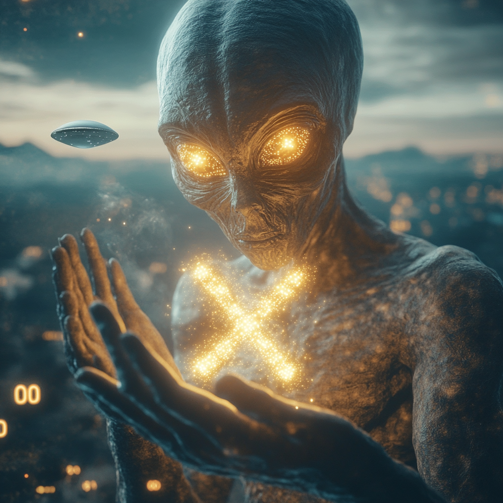 Grey Alien Holds Glowing X Microchip Under UFO Sky