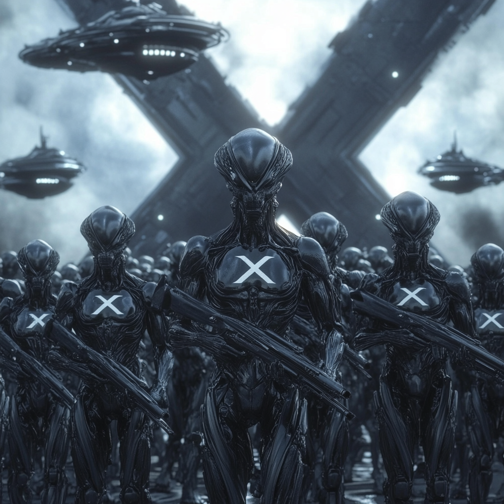 Grey Aliens in Biomechanical Suits with X Logos and Hi-Tech Weapons, UFOs and Letter X by Joe Jusko Style