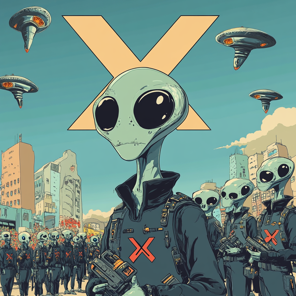 Grey Aliens in X Symbols with UFOs, Matt Furie Style 