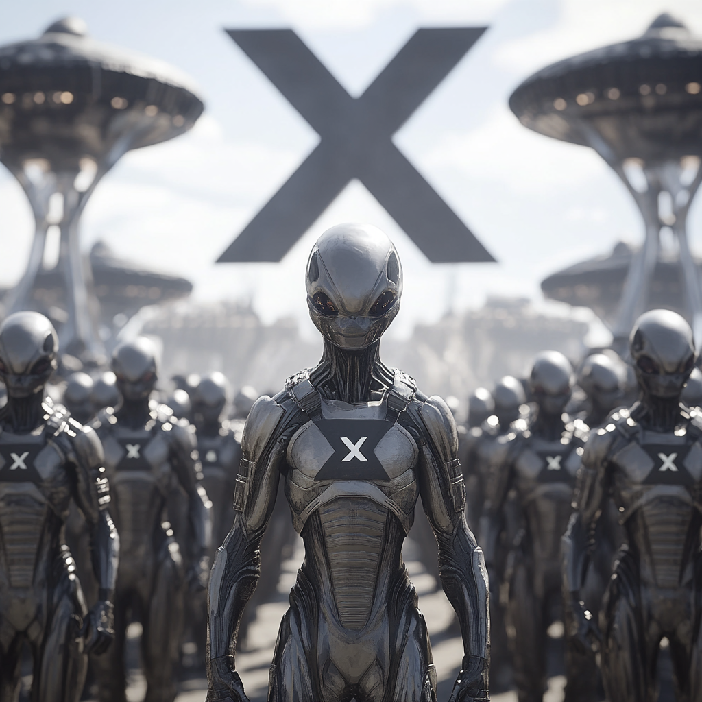 Grey Aliens with X Symbols and UFOs