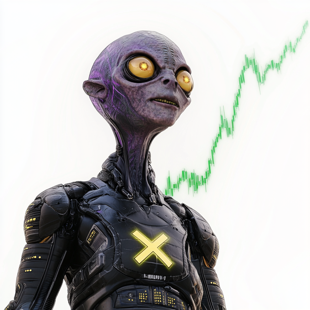 Grey alien amazed by green line on stock chart.