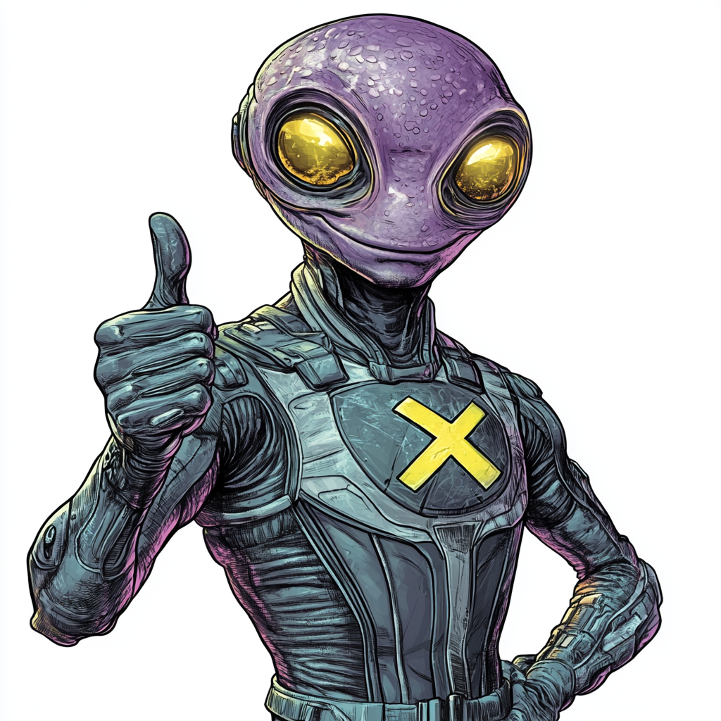 Grey alien in armor, X symbol, thumbs up, UFO.