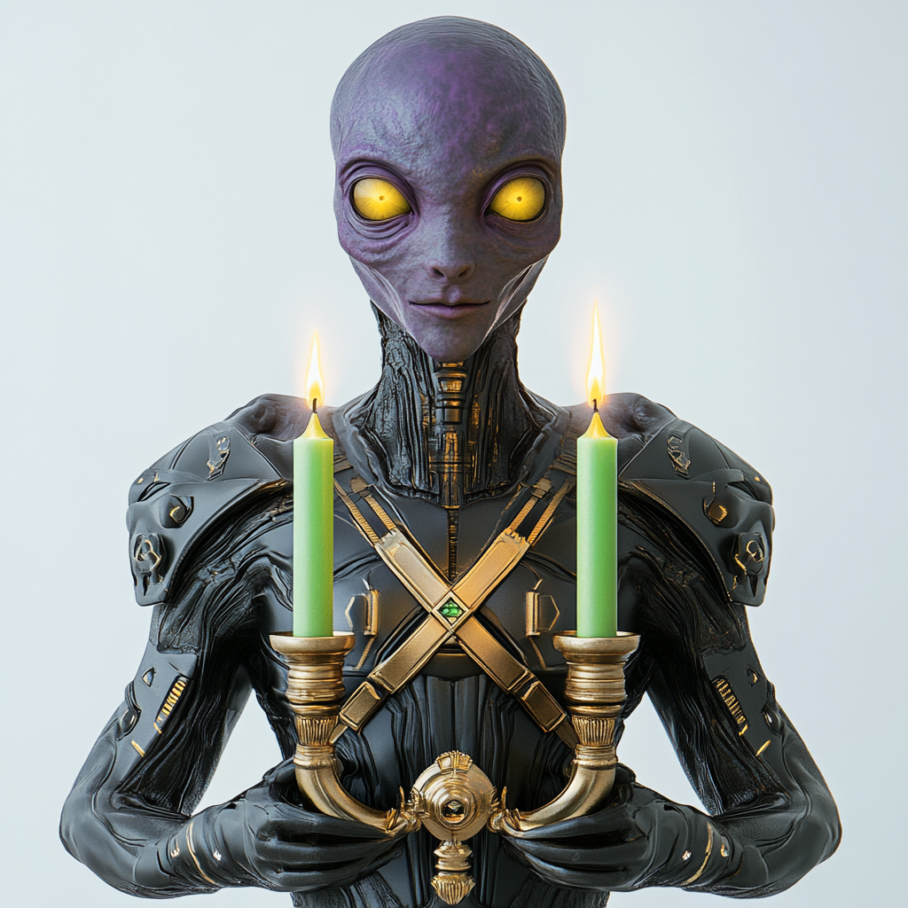 Grey alien in armor holding green candles.