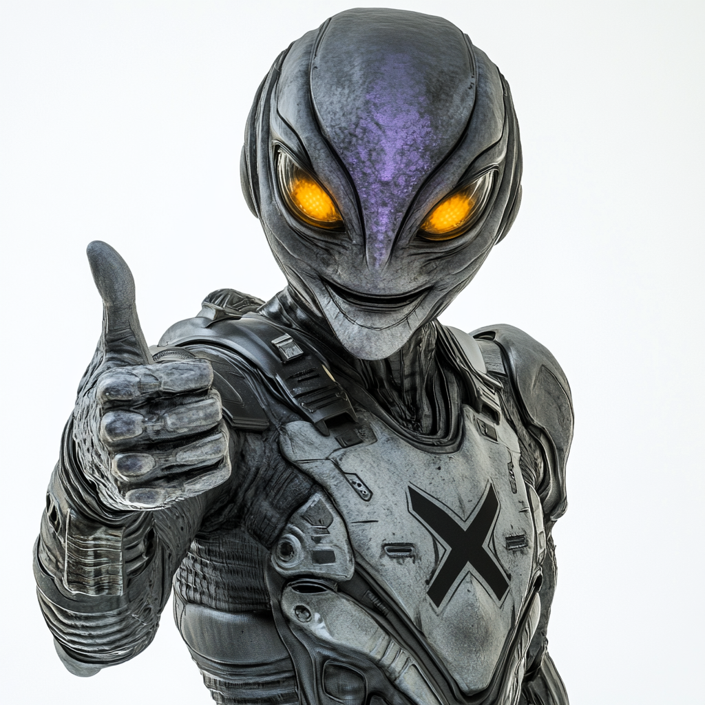 Grey alien in armor with X symbol, giving thumbs-up.