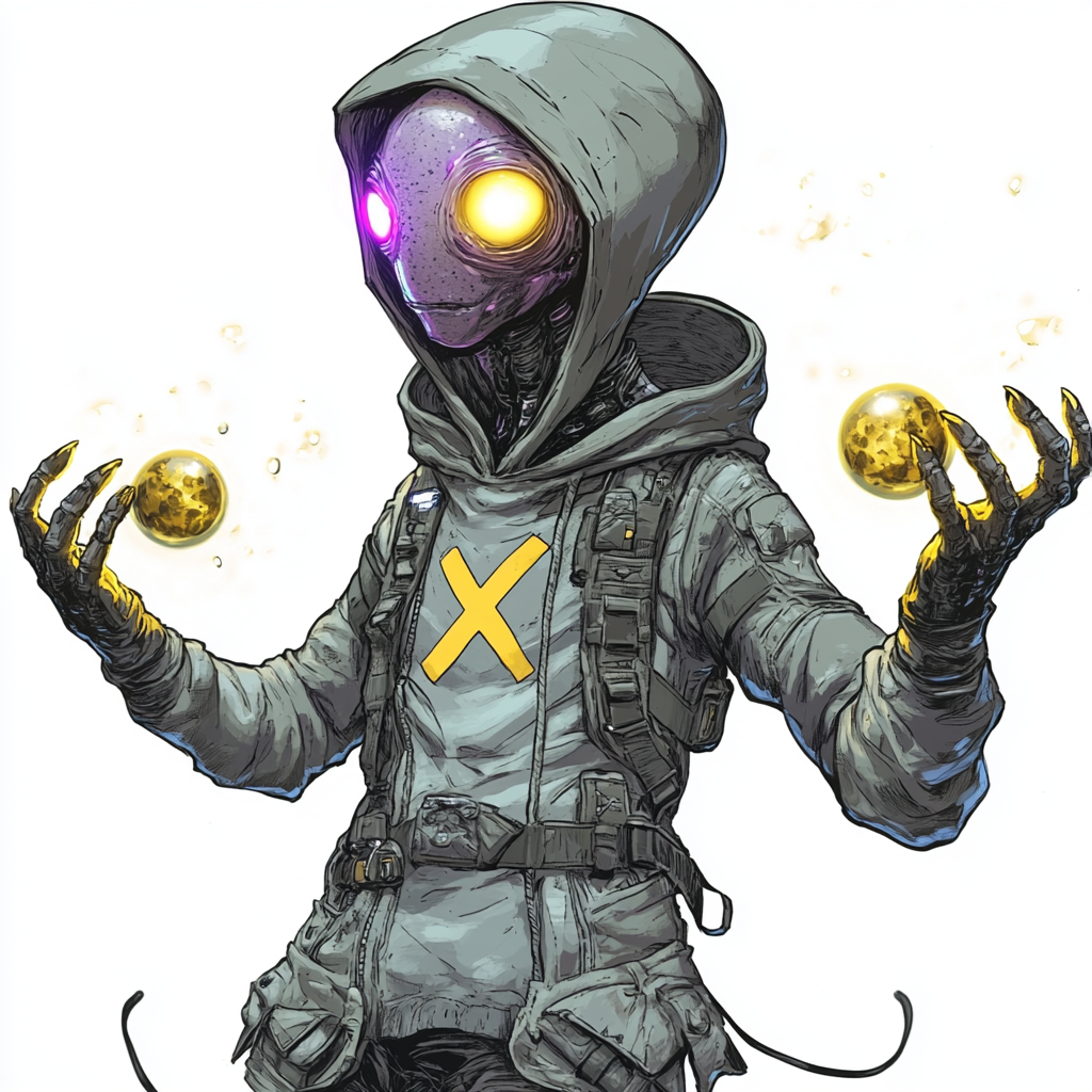 Grey alien in armor with X symbol, levitating spheres.