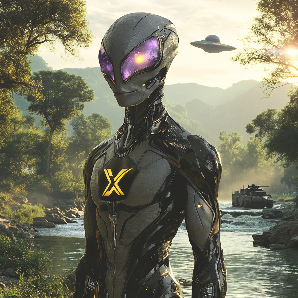 Grey alien in armor with X; army, UFO.