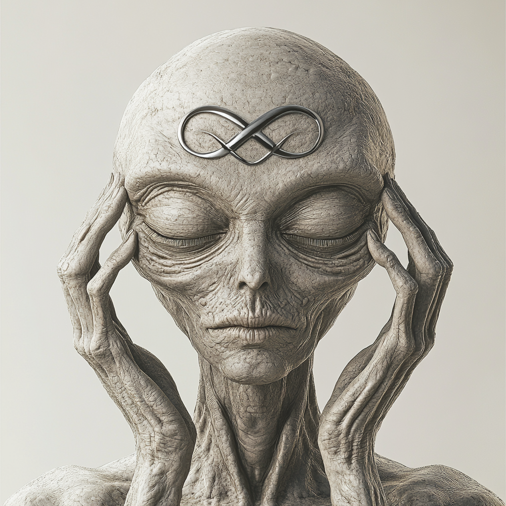 Grey alien meditating with infinity sign, Matt Furie style