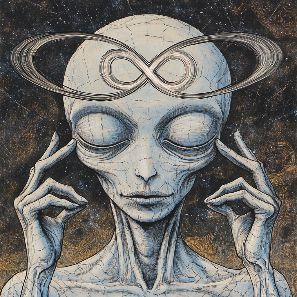 Grey alien meditating with infinity symbol projection