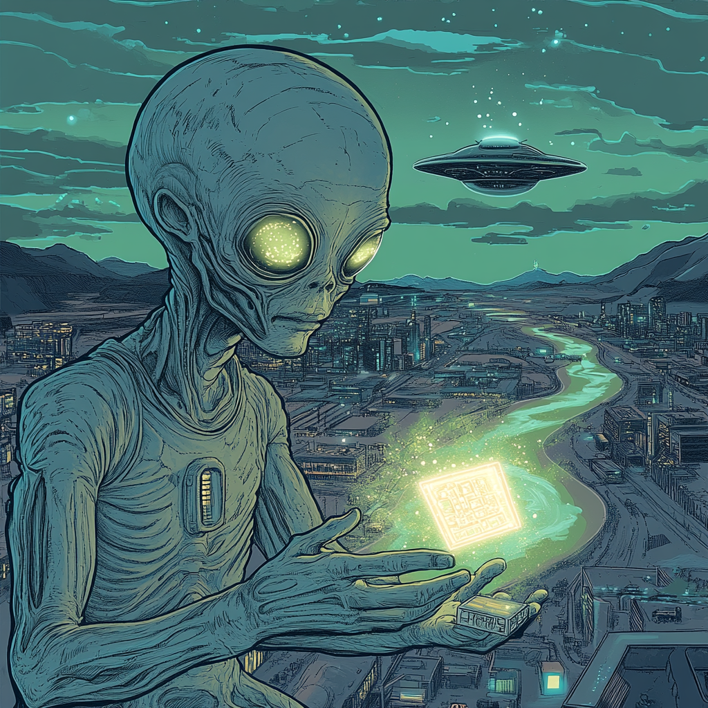 Grey alien with glowing microchip, UFO, rivers scene