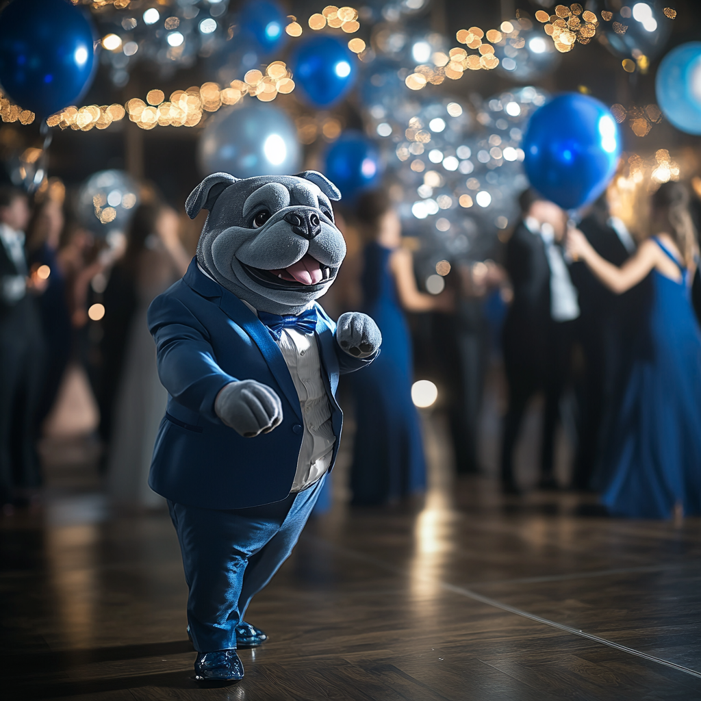 Grey bulldog mascot in blue suit dances at prom