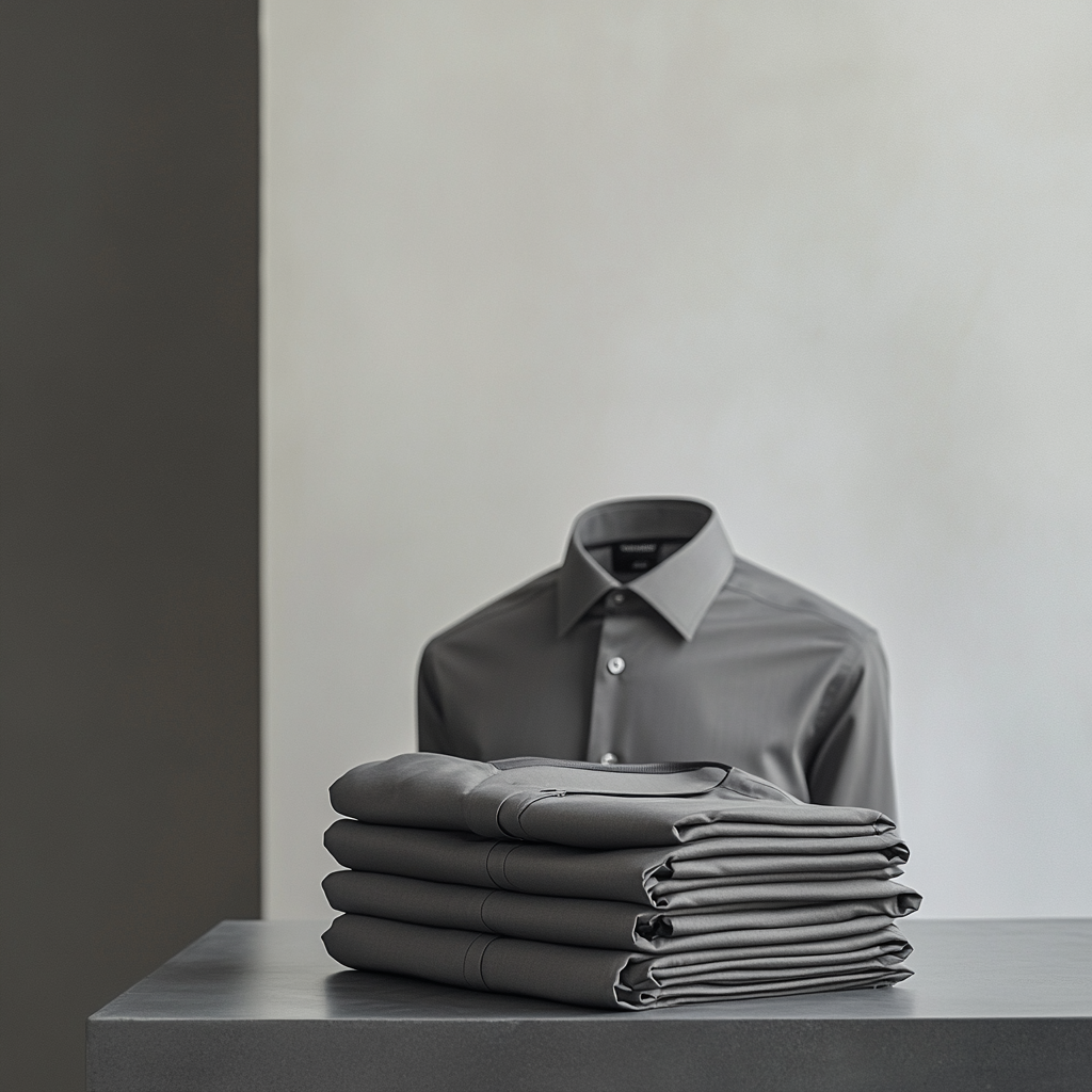 Grey chino trousers on table, showcasing sleek design.