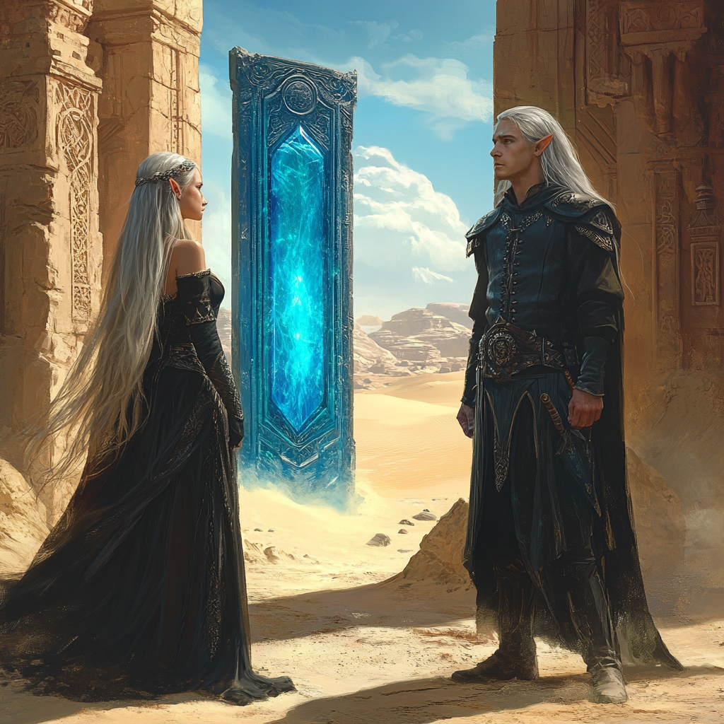 Grey-haired wizard faces queen by magical portal to desert.