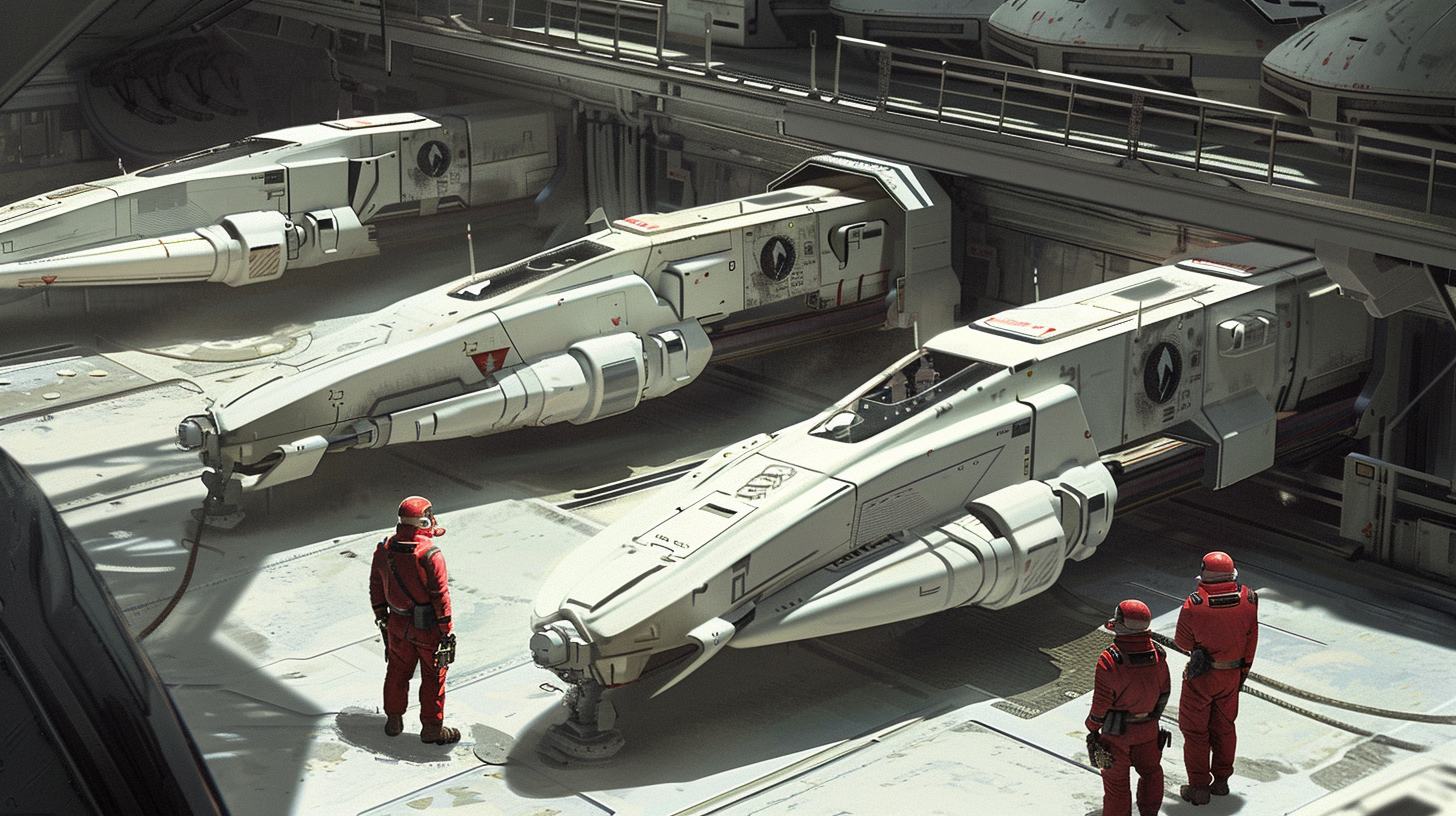 Grey hangar, white spaceships, red jumpsuit guards, guns, manager.