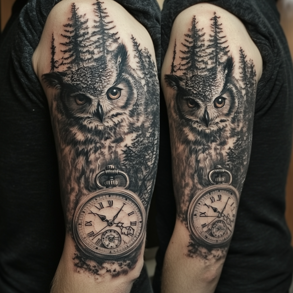 Grey realism half sleeve with owl, watch, forest background.