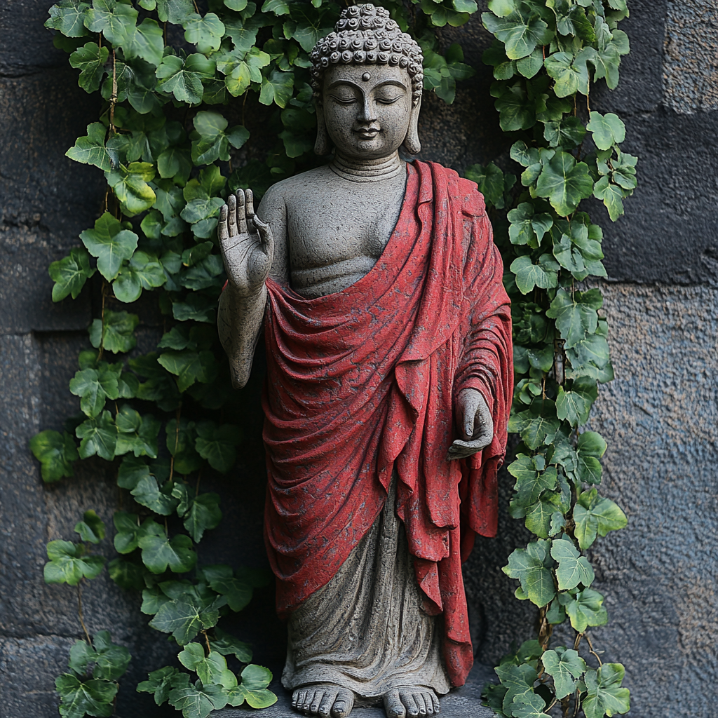 Grey stone Buddha statue with raised hand and green plants.