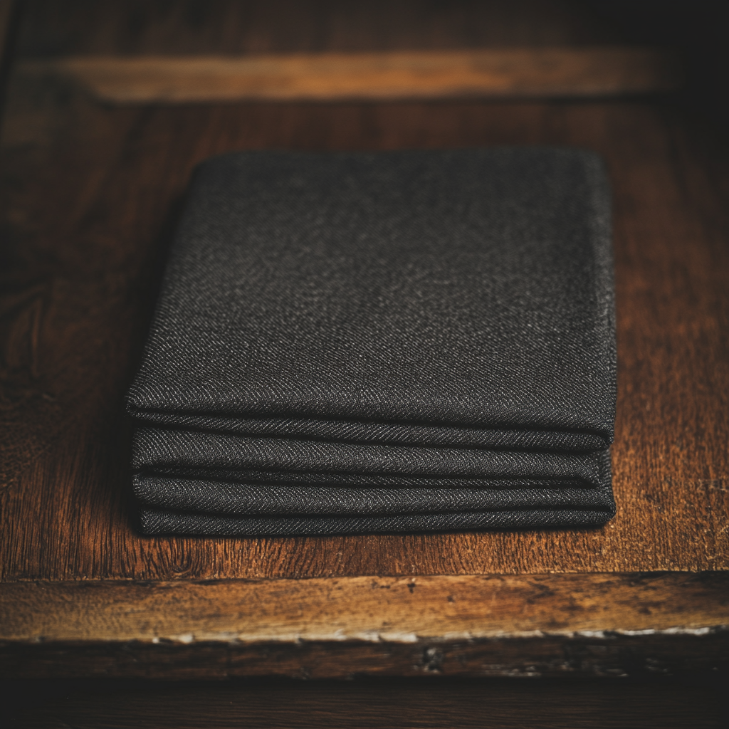 Grey trousers folded on dark wooden surface, soft lighting.