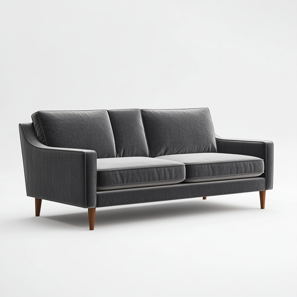 Grey velvet sofa with wooden legs on white background.