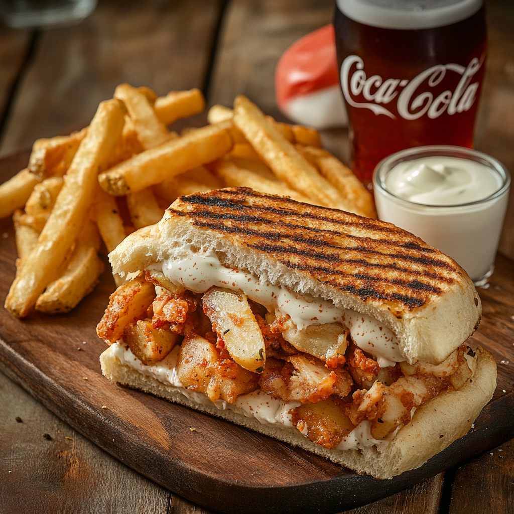 Grilled chicken and potato sandwich with cheese and sauces.