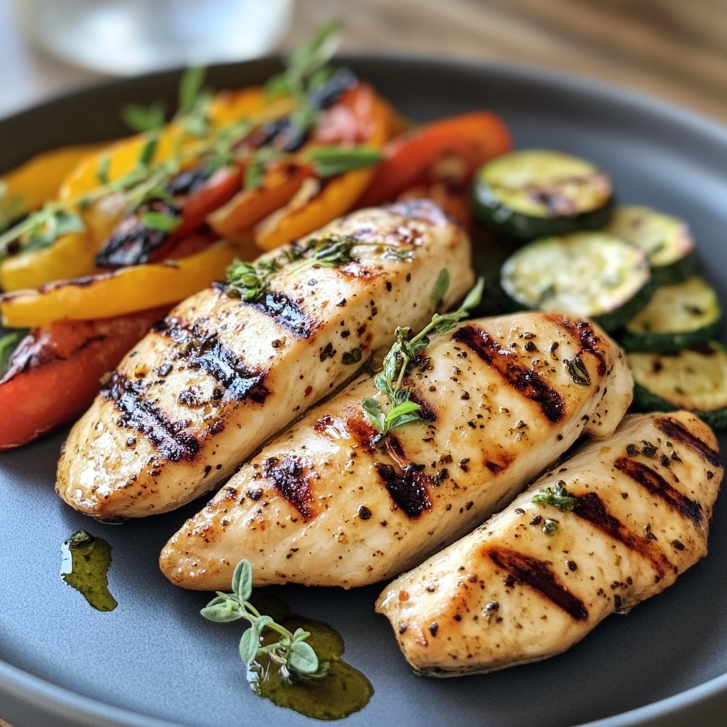 Grilled chicken and veggies drizzled with olive oil.