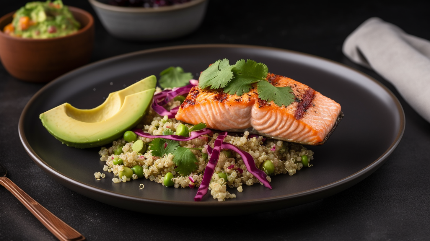 Grilled salmon fillet with quinoa salad and avocado.