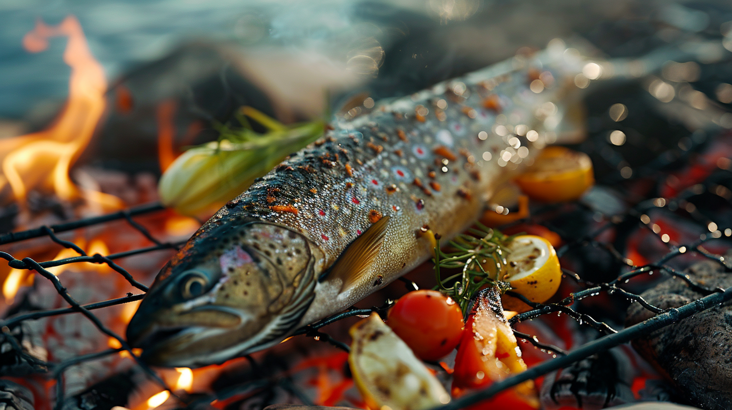 Grilling brook trout and vegetables by lake in America.