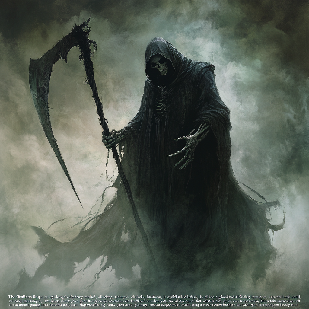 Grim Reaper in misty landscape holds glowing soul gently.