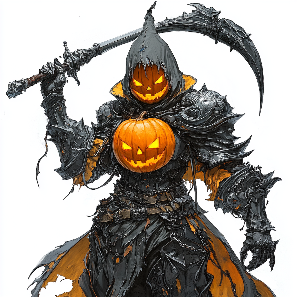 Grim Reaper style pumpkin armor, holding scythe.