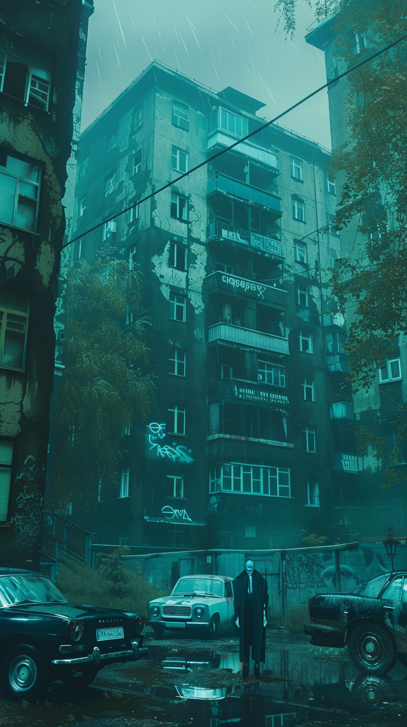 Grim Russian courtyard with ghostly figure in rain