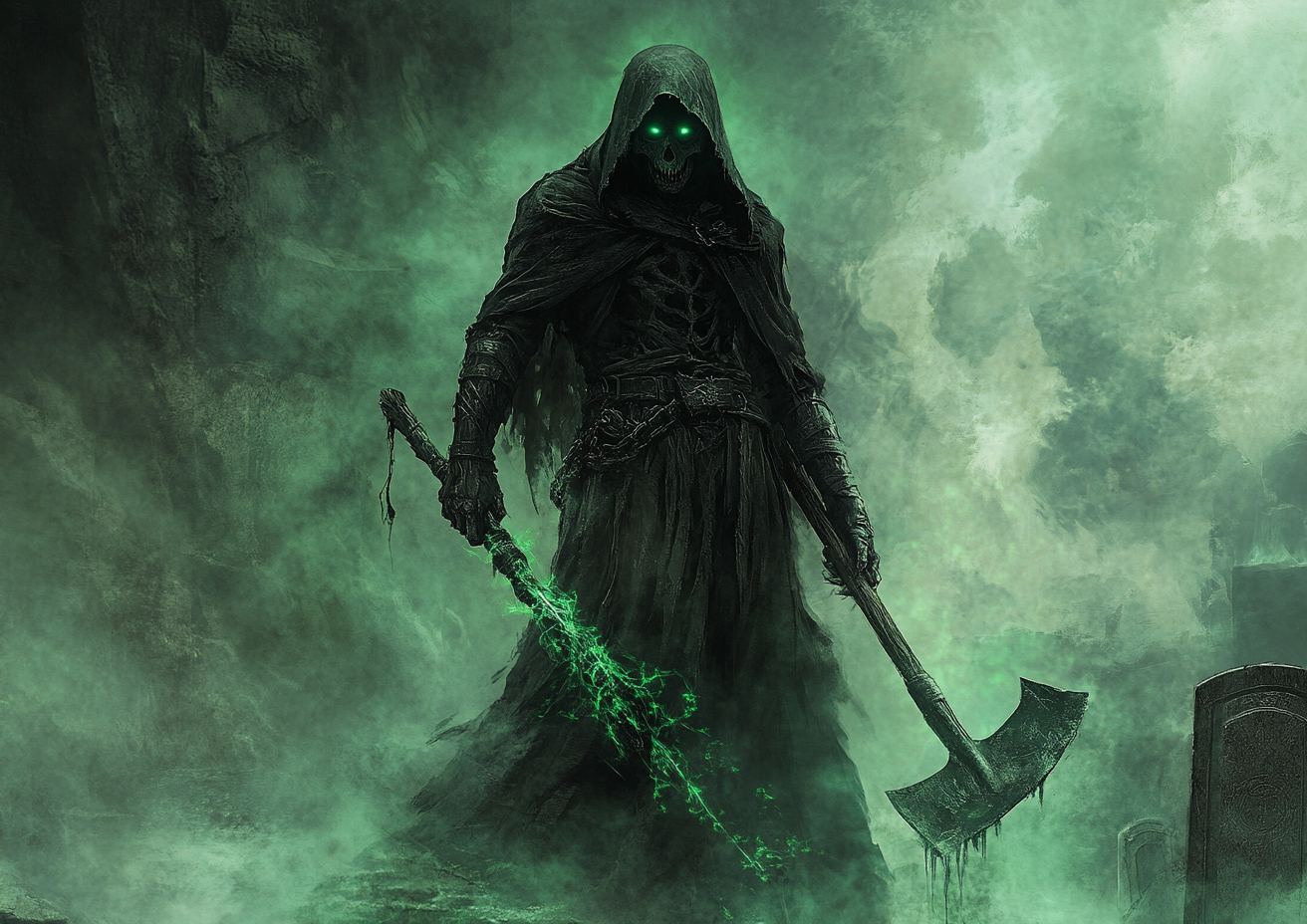 Grim reaper with glowing eyes and heavy shovel.