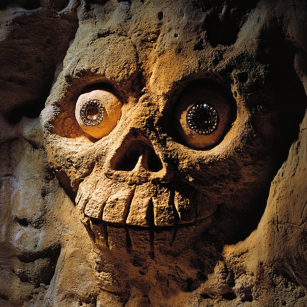 Grinning skull carving with jeweled eyeball in cave