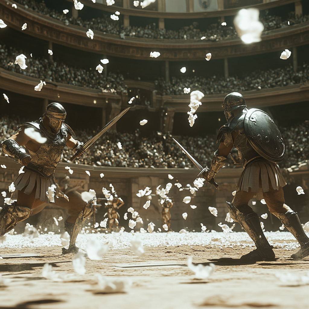 Gritty cyberpunk gladiator fight in high-def arena.