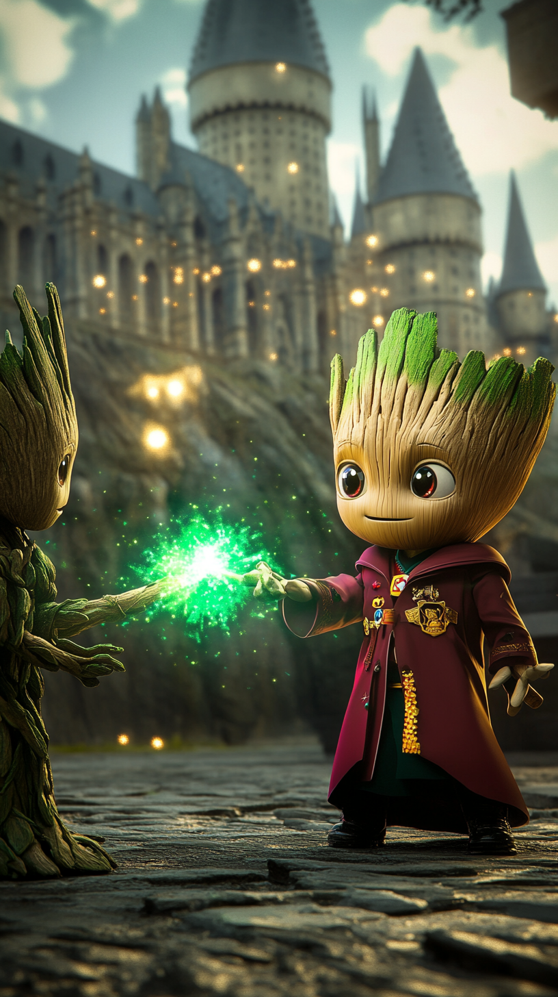 Groot and Elsa cast spells at Hogwarts Castle.