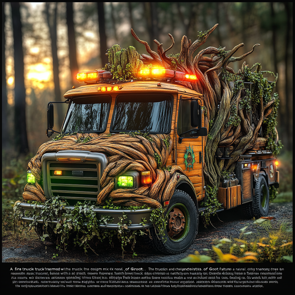 Groot-themed fire truck with natural, glowing design in forest.