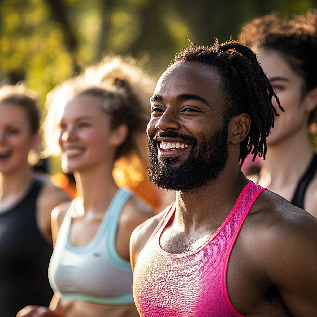 Group exercising outdoors, smiling, motivating and relieving stress.