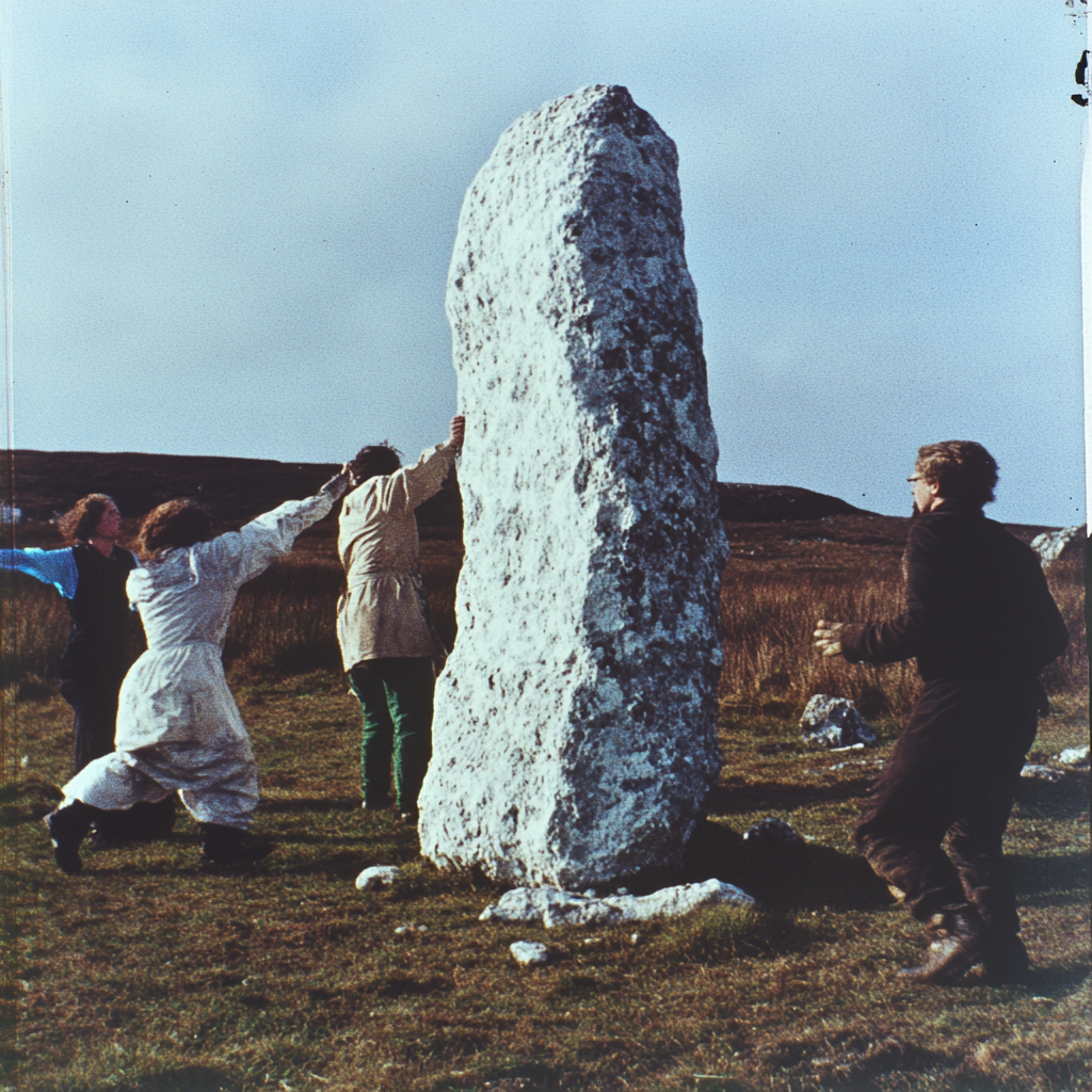 Group hitting menhir with rocks in horror film scene.