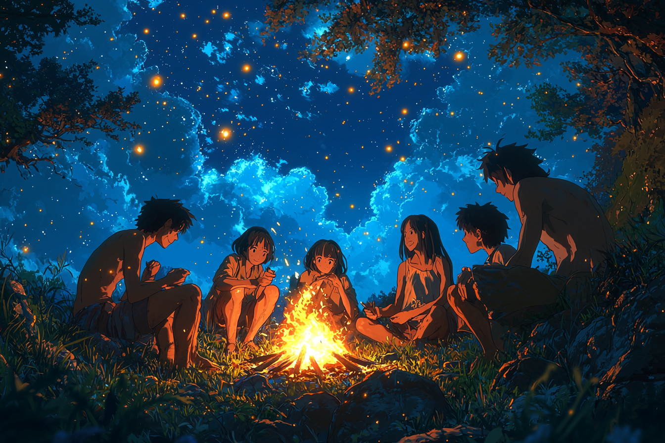 Group making snacks around campfire, vivid colors, detailed landscapes.