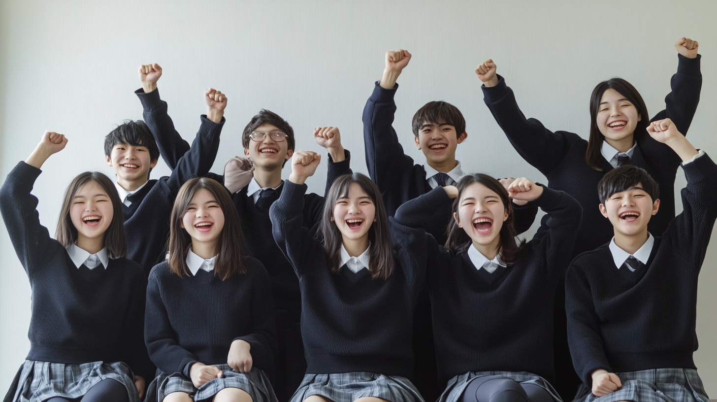 Group of 10 Japanese students in black school uniforms cheering.