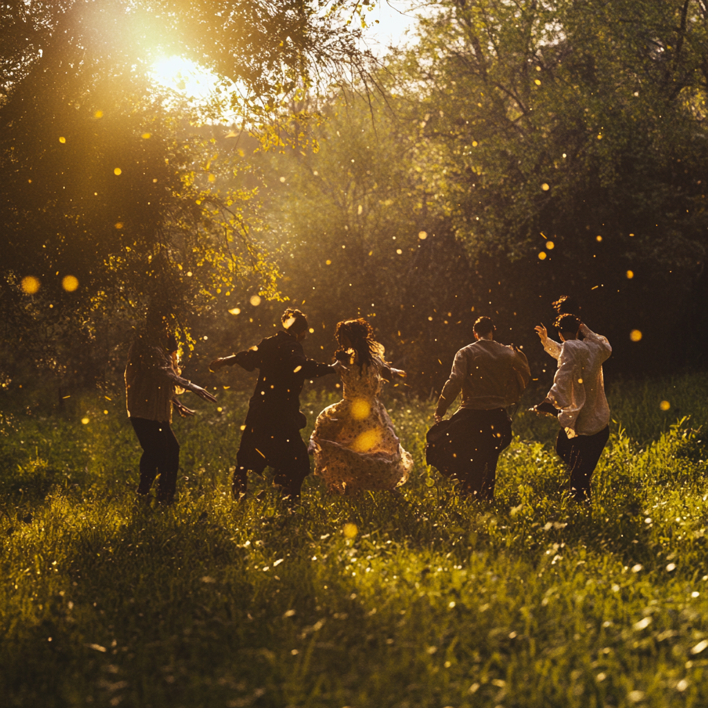 Group of 40s people dancing in lush field.