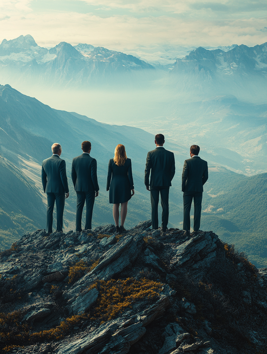 Group of 5 people in suits on mountain. Beautiful view.