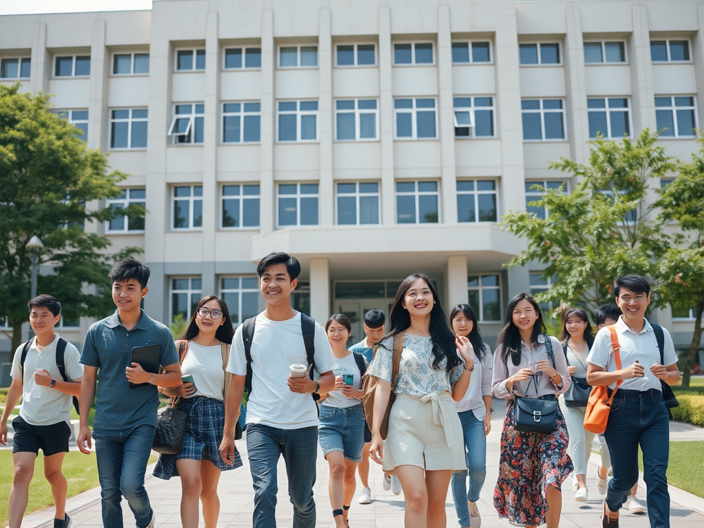 Group of Asian college students laughing walking on campus.