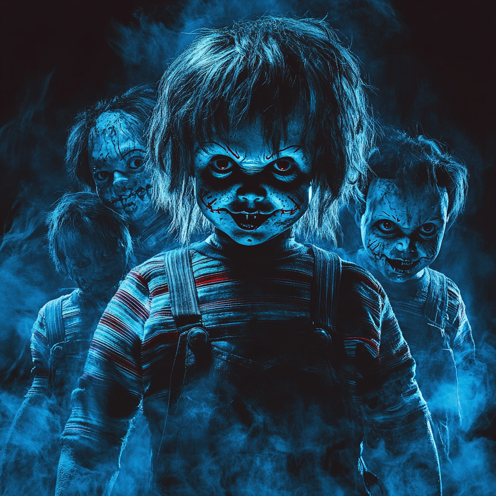 Group of Chucky dolls in menacing poses, eerie atmosphere.