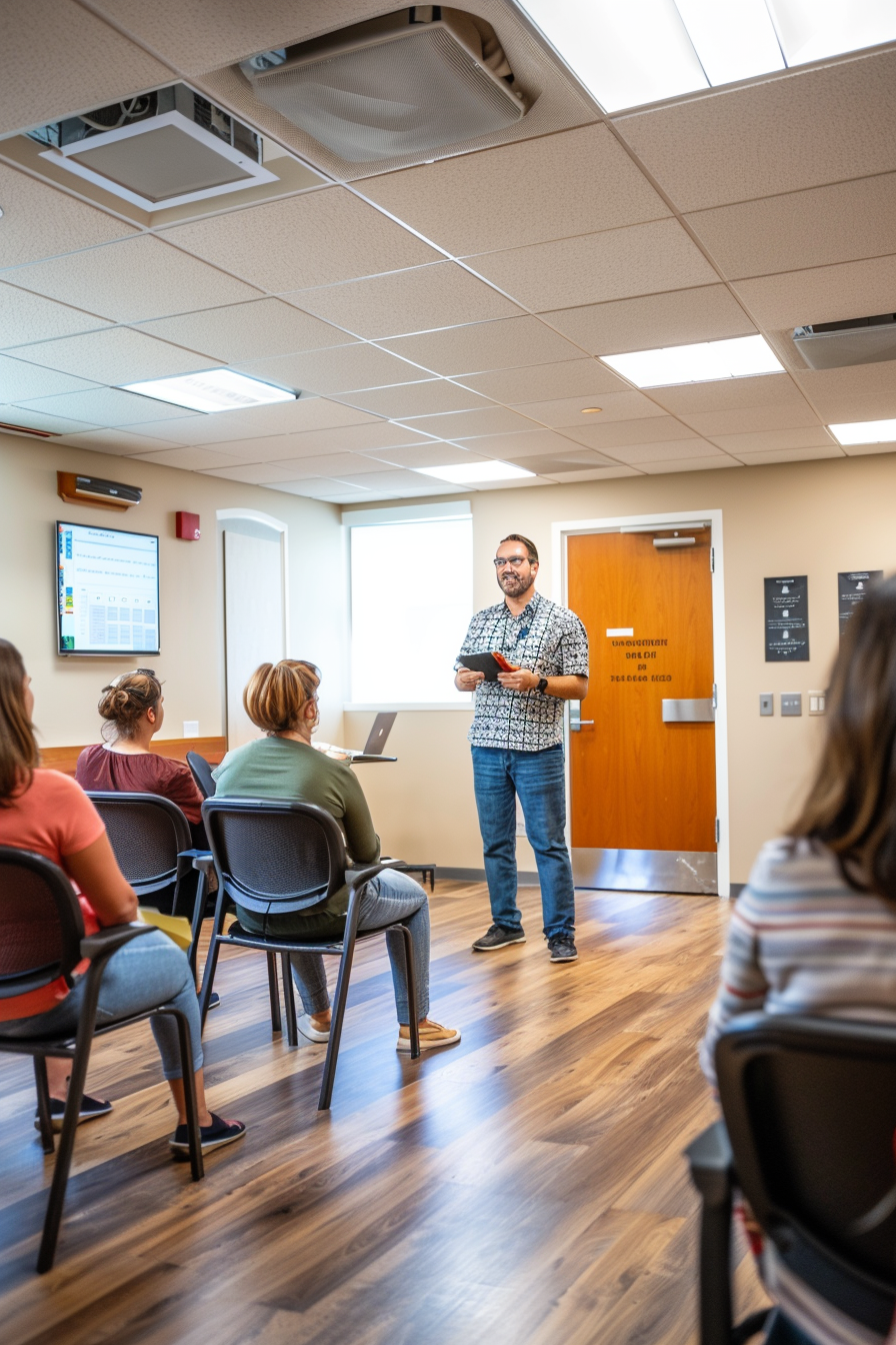 Group of adults in public speaking workshop classroom.