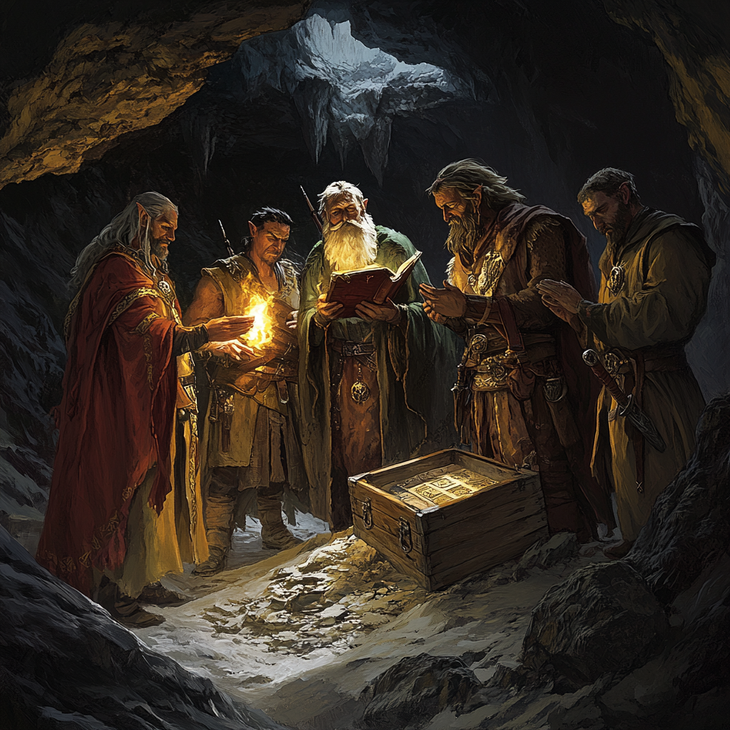 Group of adventurers in cave with discovered tablet.