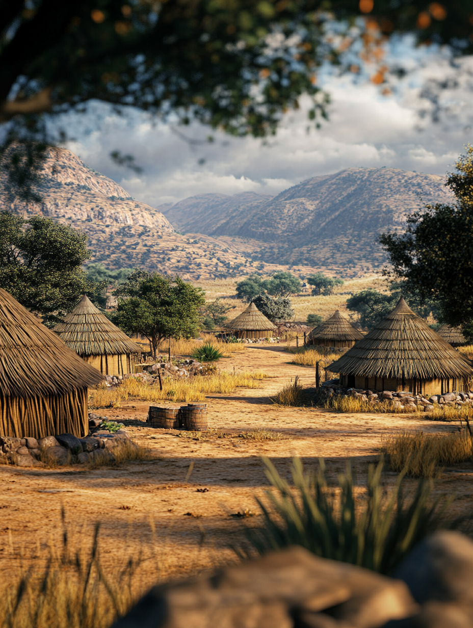 Group of ancient African homes with beautiful landscape view.