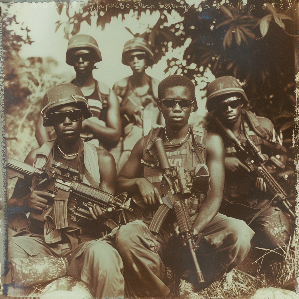 Group of black teens in military gear, posing with rifles