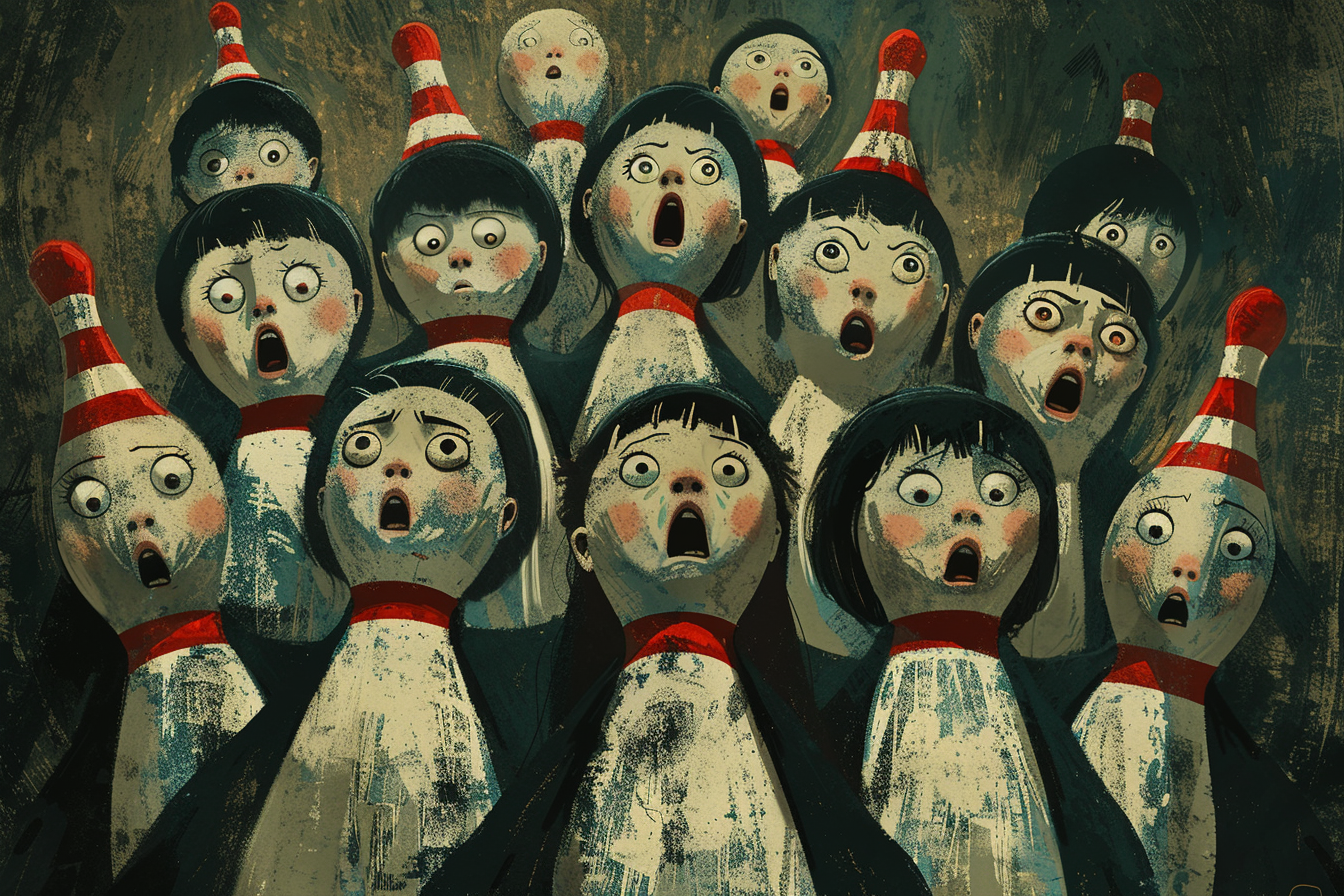 Group of children in bowling pin costumes, horrified faces.