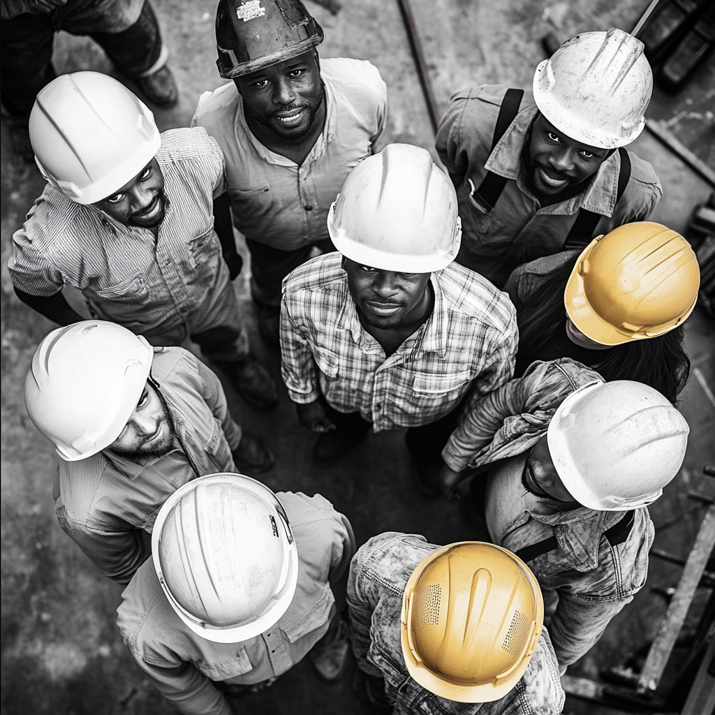 Group of construction workers of various ethnicities in photo.