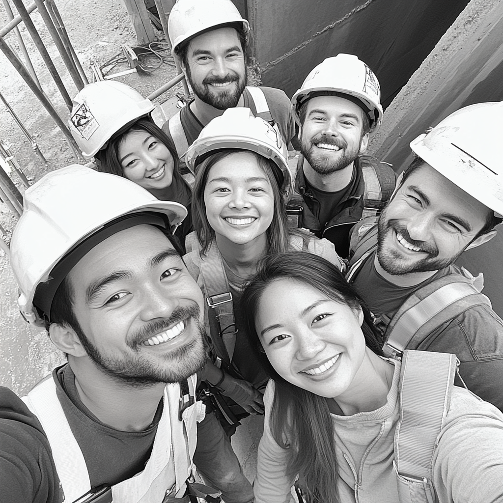 Group of diverse construction workers smiling in photo.