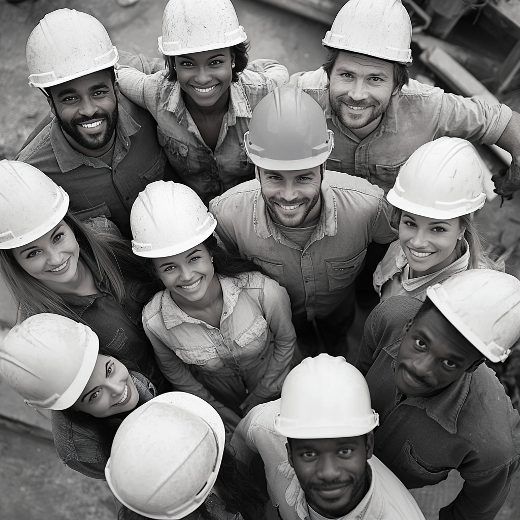 Group of diverse construction workers taking relaxed selfie photo.